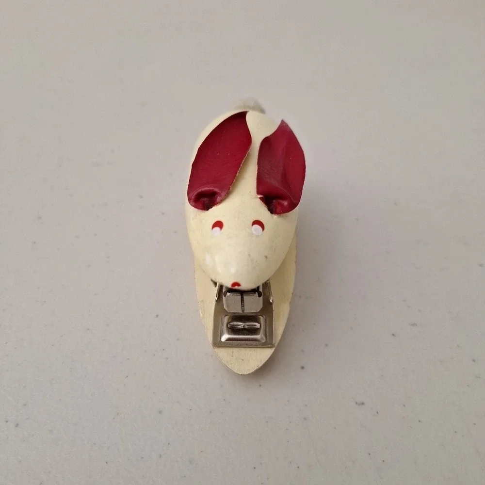 Vintage WOODEN MOUSE STAPLER 1950's Mid-Century Modern Leather Ears Painted